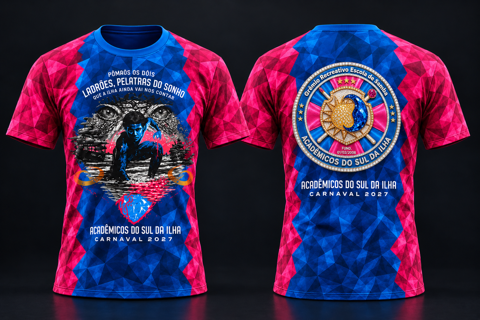 Camiseta oficial Acadêmicos do Sul da Ilha — frente e costas com enredo Prismas de Salone